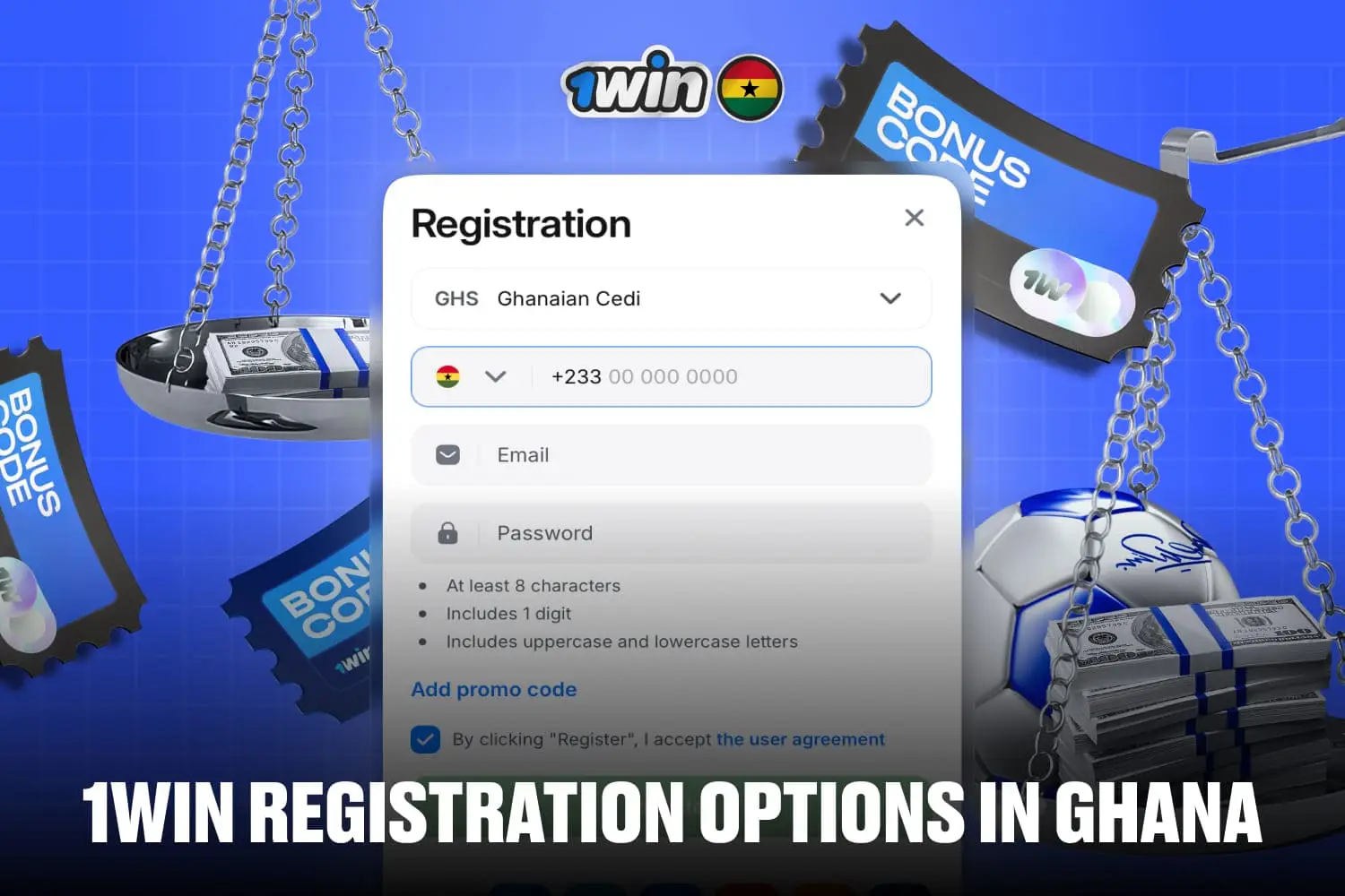 introductional image to the text about 1win registration options in Ghana